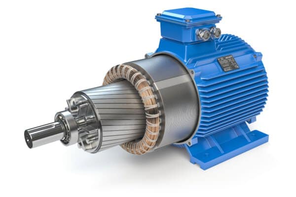 Open industrial electric motor isolated on white, Rotor and stator on a shaft.